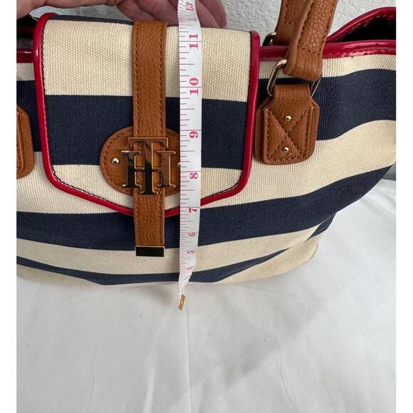 Tommy Hilfiger Striped Canvas Tote Bag Leather Trim Nautical Preppy Coastal Chic - Picture 12 of 16